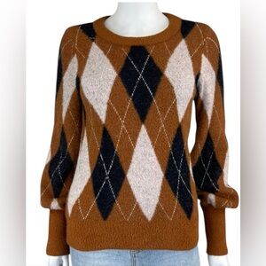 Evereve Argyle Crew Neck Sweater in Brown, Black, and Cream